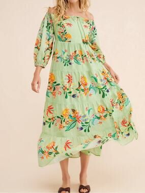 Anthropologie FARM Rio Floral Off Shoulder Tiered Midi Dress Resortwear Sz M